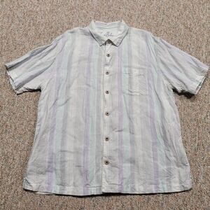 Tommy Bahama Shirt Mens XL Striped Linen Button Up Short Sleeve Casual Tiki Camp